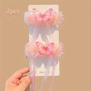 TEMU 여아용 컬러풀 나비 롱 리본 머리끈 2개 세트. 귀여운 핑크 라인스톤 나비가 특징입니다. 긴 태슬이 달린 탄성 헤어 밴드는 일상복 및 축제 파티에 완벽합니다 (카드 포함된 포장 아님).