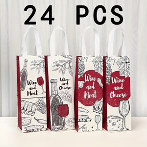 TEMU 24개 세트 웨딩 생일 파티 선물 봉투 - 레드 액센트가 있는 우아한 베이지색 부직포 가방, 와인 테이스팅, 치즈, 컵케이크용 튼튼한 손잡이 포함 (와인병, 치즈 플레이트, 꽃무늬 디자인 4종) - 특별한 행사 및 일상 사용에 완벽, 이벤트 장식, 재사용 가능한 포장, 브라이덜 샤워 용품