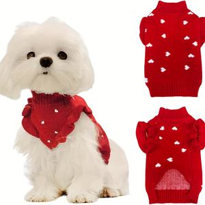 TEMU 궁극의 휴일 세트! 크리스마스 니트 스웨터 & 포근한 펫 파자마. 사랑스러운 하이넥 아웃핏과 하트 패턴, 강아지와 고양이를 위한 겨울 & 발렌타인데이 완벽한 아이템!