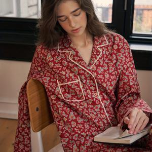 TEMU 2025 여성용 긴팔 팬티 파자마 세트, 우아하고 편안한 통기성 좋은 풀바디 프린트 가디건 상의와 매칭 바지 - 스타일리시 일본-한국 스타일 레이스 트림 휴가용 잠옷