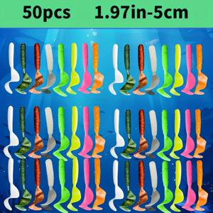 TEMU 50개 세트 소프트 낚시 루어 - 스파이럴 테일, 리얼리스틱 수영 동작, 멀티컬러 (그린, 오렌지, 핑크, 네온) - 민물/바다용 베이트, 배스, 파이크, 송어, 농어에 적합 - 보관 편리한 백 포장, 초보자 및 전문낚시꾼을 위한 웜 디자인 유연한 루어