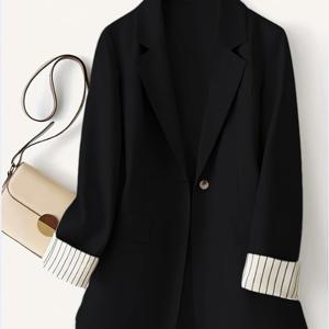 TEMU 우아하고 패셔너블한 여성용 패치워크 재킷, 커프스와 버튼 장식, 사계절용 레귤러 컷