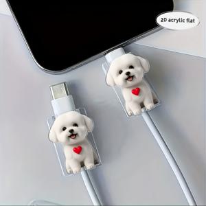 TEMU 2D 아크릴 플랫 2개 귀여운 비숑 프리즈 패턴 데이터 케이블 보호 슬리브, 끊어짐 방지, Type-C // iPhone 호환, 아름답고 내구성이 뛰어난 충전 케이블 끊어짐 보호, 사랑스럽고 튼튼함, 크리스마스 선물.