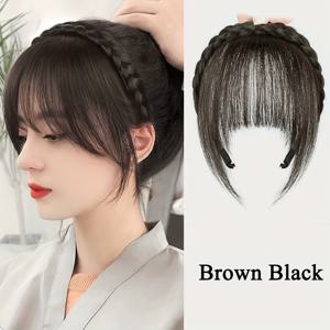 TEMU 여성용 프론트 뱅 헤어밴드 - 접착제 필요 없는 쉬운 스타일링 합성 앞머리 연장, 파티/웨딩/촬영용 - 브라운/블랙 헤어스타일에 자연스러운 추가, 귀여운 헤어 액세서리, 안전한 착용감