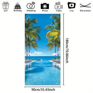 TEMU 2D 문 배너, 봄과 여름의 아제일 바다 및 해변 수영장 팜 트리 2D 시뮬레이션 배경 - 거실, 침실, 마당, 파티 및 사진 장식용 4개의 구리 버클이 있는 생동감 넘치는 폴리에스터 도어 배너, 설치가 쉬운 해변 테마 장식