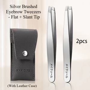 TEMU 2개 세트 [고정밀] 브러시 처리된 은색/비자석 눈썹 족집게, 플랫 팁 및 슬란트 팁 족집게 모두 포함, 가죽 케이스 포함, 전문가용 눈썹 관리에 적합, 남성 턱수염 관리 및 여성 눈썹 쉐이핑에 적합