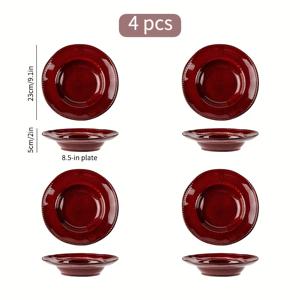 TEMU 7.5/8.5인치 빈티지 가마로 구운 레드 세라믹 식기 4개 세트, 야채·과일·샐러드·파스타 등 다양한 음식에 적합, 가정용 및 호텔·레스토랑 사용 가능, 오븐 및 전자레인지 안전|전자레인지