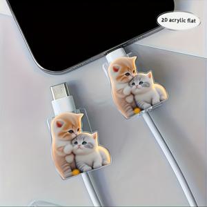 TEMU 2D 플랫 2개 귀여운 고양이 데이터 케이블 보호 케이스, 손상 방지, 아이폰 데이터 케이블 보호대, 아름답고 내구성 좋음.