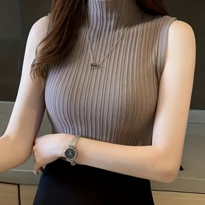 TEMU 여성용 우아한 스탠드업 칼라 민소매 조끼 - 신축성 없는 원단, 시크한 오피스 투 파티 필수 아이템, 일상 및 공식 행사용 올시즌 레이어링 피스, 다재다능한 패션, 질감 디자인, 고품질 제작, 세련된 탑, 캐주얼 웨어, 모던 패션, 내구성 있는 소재, 패션 애호가를 위한 캐주얼 웨어