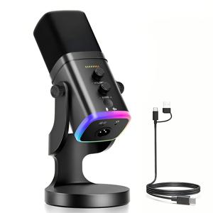 TEMU USB-C/XLR/USB 다이내믹 마이크 - 스트리밍, 게이밍, 유튜브 호환 - RGB, 음소거 버튼, 헤드폰 잭 & 스탠드 - 볼륨 조절 및 표시등 포함 PC 마이크 (플러그 앤 플레이) - 팟캐스팅, 노래, 녹음용