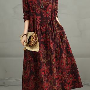 TEMU 여성용 플로랄 프린트 맥시 드레스 - 버건디 꽃무늬, A라인 플레어 스커트, 논스트레치 원단, 우아한 파티 & , 스타일, 라운드넥, 롱소매 드레스, 패션 애호가