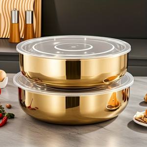 TEMU 2개 대용량 뚜껑 포함 스테인리스 스틸 혼합 그릇 - 베이킹, 요리, 수프, 반죽용 깊고 넓은 디자인, 내구성 강화, 녹 방지, 쉬운 세척, 가정 및 전문 주방에 이상적, 다용도 조리기구, 식사 준비용