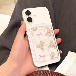 TEMU 세련되고 튼튼한 리본 곰돌이 디자인의 카드 홀더 (PC 재질). 삼성, 아이폰 및 기타 마그네틱 폰 또는 케이스와 호환 가능. 은행 카드, 신용 카드, 회원 카드 등을 포함하여 1개에서 4개까지의 카드를 보관할 수 있습니다.