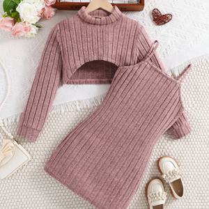 TEMU 빅 걸용 긴팔 풀오버 탑 + 서스펜더 스커트 세트, 신축성 있는 원단으로 야외 활동 및 파티웨어에 적합, 편안한 착용감, 개학 또는 졸업 시즌에 완벽