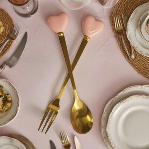 TEMU 2개 세트 럭셔리 골드 도금 디저트 포크 & 스푼 - 세라믹 핸들, 14cm/11cm, 우아한 디자인의 애프터눈 티, 결혼식 및 파티용, 내구성 있는 스타일리시 컷러리, 고급스러운 테이블웨어