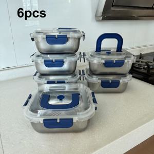 TEMU 6/8개 블루 뚜껑 식품 보관 용기, 스테인리스 스틸, 두꺼워지고 깊어진 디자인. 냉장고 보관에 이상적—과일, 채소, 고기. 냉동식품 및 야외 캠핑에 적합. 주방 정리 및 보존에 완벽. 필수 주방 용품