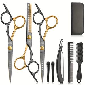 TEMU 8개의 아이템으로 구성된 전문가용 헤어 커팅 키트입니다. 6.5인치 블랙 앤 골든 스테인리스 스틸 가위가 포함되어 있으며 가정용 및 미용실용으로 설계되었습니다. 세트에는 커팅 가위, 트리밍 가위, 필수 빗, 클리닝 브러쉬가 포함되어 있습니다.