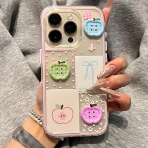 TEMU 아이폰 11 12 13 프로맥스용 2-in-1 에어백 케이스: 컬러풀 스티칭, 애플 보우, 입체 버튼 폰 케이스