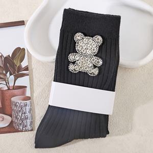 TEMU 1쌍 여성용 장식 베어 페이스 미드 캘프 양말 - 반짝이는 녹색 눈과 달콤한 볼, 부드럽고 편안한 사계절 착용, 캐주얼 스포츠 & 데일리 패션 양말 (세탁기 사용 가능) - 테마 이벤트 및 일상 스타일에 어울리는 귀여운 카툰 디자인