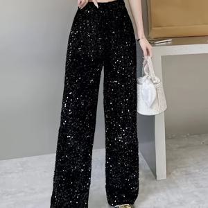 TEMU 여성용 우아한 스팽글 바지 - 반짝이는 글리터가 있는 포멀 & 데일리 바지, 파티, 사무실, 캐주얼 의상용 레그 트라우저 - 가을/겨울 여성 의류, 파티 복장, 고탄력 원단, 오피스룩, 스타일리시 하의