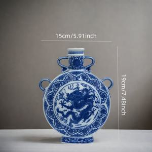 TEMU 수제 청화백자 - 파란색과 흰색 용 디자인 라운드 중국 도자기 화병, 거실용 클래식 홈 데코, 집들이 선물, 어머니날 & 새해 선물, 내구성 있는 배터리 없는 장식품