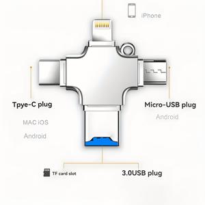 TEMU 4IN1 메모리 카드 리더기 - Micro SD/TF 카드 지원, USB 3.0, USB A, Type-C & Lightning, OTG 지원, 드라이버 불필요 - iPhone/iPad, Samsung, Xiaomi, Huawei, LG, 노트북, PC 호환 - 미니 메탈 크로스 디자인 - iOS & Android 기기용 고속 전송