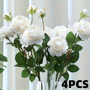 TEMU 4개 세트 리얼리스틱 실크 피오니 부케 3개 머리 인공 꽃과 녹색 잎사귀 - 소프트 핑크, 화이트, 샴페인 & 레드 블룸 웨딩, 데이, DIY 공예, 홈 데코, 실내/외 테이블 센터피스 - 유지보수 없는 실크 테이블 장식, 웨딩 센터피스 | 우아한 플로랄 아레인지먼트 | 실크 꽃