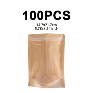 TEMU 100개 재사용 가능한 크라프트 종이 봉투, 투명 창 & 재밀봉 가능한 상단 - 강력한 스탠드업 파우치, 갈색/ - 식품, 애완동물, 공예, 소매용 - 대량 포장 용품, 크라프트 종이 봉투, 내구성 있는 포장
