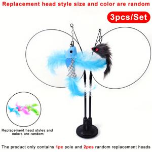 TEMU 3개 세트 새 고양이 장난감 - 물고기, 쥐 & 나비 디자인 핸즈프리 인터랙티브 토이, 강력한 흡착컵, 긴 손잡이 이중 막대, 소리 감지 애완동물 액세서리, 고양이 사냥 목줄, 자가 놀이용 장난감, 생일 선물, 인조 깃털 소재 (폴리에스터/스틸/플라스틱), 랜덤 교체 헤드 사이즈 포함