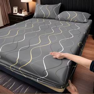 TEMU 3피스 세트, 우아한 그레이 웨이브 기하학 라인 패턴 침구, 1개의 피트 시트 + 2개의 베개커버 (내부 충전재 없음), 싱글/트윈 사이즈부터 킹 및 퀸 사이즈까지 적합 - 부드럽고 피부 친화적인 원단, 쉬운 관리