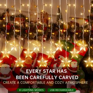 TEMU 1개 튼튼한 플라스틱 별 커튼 조명 | 160LED, 137.7인치, USB 전원, 8가지 조명 모드, 크리스마스, 어버이날, 라마단, 새해에 적합, 집, 정원, 창문, 침실, 연회, 결혼식, 졸업식, 선물로 이상적 (배터리 미포함)