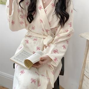 TEMU 새로운 한국 스타일 심플하고 편안한 핑크 리본 루즈핏 홈 드레스 여성용 봄/가을 캐주얼 나이트가운