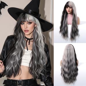 TEMU 30인치 블랙 & 그레이 블렌드, 웨이브 컬, 할로윈, 크리스마스, 코스프레 가능, 고온 펌 & 염색 가능, 장미 메쉬 헤어 커버 조절 가능