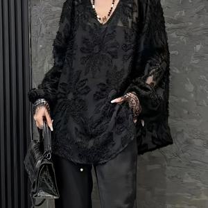 TEMU 플러스 사이즈, 플러스 사이즈 우아한 V넥 긴팔 셔츠 레이스 트림 - 솔리드 블랙 루즈핏 블라우스 봄 여름, 오피스 & 웨딩 의상 - 세탁기 사용 가능, 스톡 사진 참조, xxx에 적합
