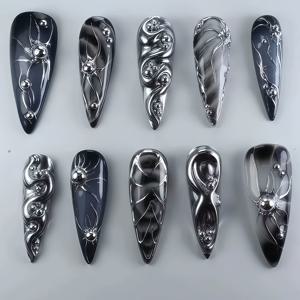 TEMU 고급스러운 핸드메이드 10피스, 여성을 위한 하이 엔드 롱 스틸레토 스타일 여름용 프레스트 인조네일 - 선물로 완벽한 reusable 아티피셜 팁으로 데일리웨어나 파티 액세서리로도 적합