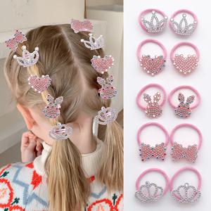 TEMU 소녀용 귀여운 핑크 크라운 하트 토끼 머리끈 10개 세트, 리본 포함