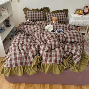 TEMU 4pcs, 한국 스타일 레트로 대형 레이스 체크 세트 (이불커버 1개 + 침대시트 1개 + 베개커버 2개 포함), 스타일 대형 플로럴 에지 디자인, 부드럽고 편안한 사계절용 세탁기 사용 가능