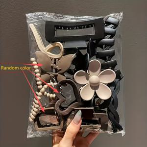 TEMU 11개 여성용 이지한 매트 헤어클립 세트 - 하트, 꽃잎, 나뭇잎 & 비즈 장식이 있는 대형 사각상어핀 (베이지/블랙/브라운/화이트), 땋은 머리·번스·포니테일·반업 가발에 안정적인 고정력 - 내구성 있는 매트 헤어핀으로 데일리&공식행사에서 활용 가능한 11종류의 색감과 홀로 디자인