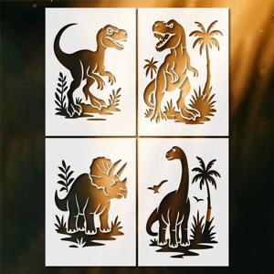 TEMU 4피스 공룡 스텐실 세트 (티렉스, 벨로시랩터, 스테고사우루스, 스피노사우루스) - A4 크기 재사용 가능한 템플릿, 날카로운 모서리와 둥근 코너, 어린이 공예, 벽화, 패브릭 아트, 공룡 테마 생일 파티 장식용 - 쉽게 세척 가능하고 내구성 있는 디자인 - 공룡, 익룡, 화산 컷아웃 포함, 창의적인 놀이와 학습에 적합