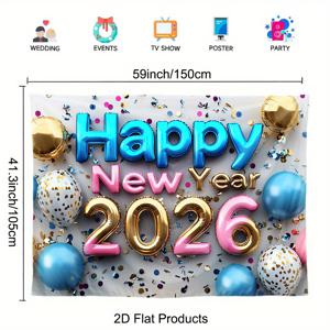 TEMU 2D 평면, 1개 해피뉴이어 2026 배너 - UV 프린팅 폴리에스터 파티 장식 (풍선 & 컨페티 + 수자 2026 디자인) - 블루&골드 테마 / 실내/야외용: 결혼식, 생일, 졸업식, 포토백드롭 - 전기 불필요, 간편한 설치, 행사 배경막, 휴일 , 풍선 패턴, 가벼운 소재, 내구성 있는 원단, 축하 장식품