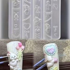 TEMU 기발한 곰과 토끼 리본매듭 네일아트 실리콘몰드 - 창의적인 착용형 클로 장식, 래빗 & 테디모양의 점토공예 도구