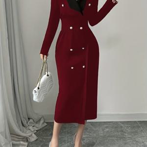 TEMU 여성용 우아한 칼라 대비 컬러 고탄력 허리 집게 장식 긴팔 맥시 드레스 - 출퇴근 및 홈웨어에 적합, 버튼 디테일.