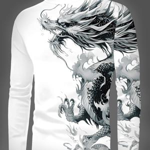 TEMU 남성용 봄 가을 겨울 드래곤 프린트 캐주얼 편안한 크루넥 세미-하이넥 긴팔 티셔츠, 캐주얼 외출 및 휴가용, 100% 폴리에스터, 세탁기 사용 가능, 드라이클리닝 불가. WT9527