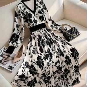 TEMU 여성용 패션 심플 플로럴 프린트 긴팔 드레스 봄 가을 QL25