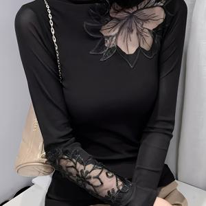 TEMU 플러스 사이즈, 여성용 우아한 긴팔 블라우스 - 하이 넥라인 시어리 레이스풍 소매탑, 신축성 있는 솔리드 블랙 이너셔츠 (봄/여름/가을), 세탁기 사용 가능한 포멀 & 데일리 블라우스(캐주얼부터 포멀까지) - 핏감좋은 튜닉과 반높은 칼라와 정교한 레이스 디테일, 편안한 착용을 위한 불투명 스트레치 원단, 캐주얼에서 포멀웨어까지 활용 가능