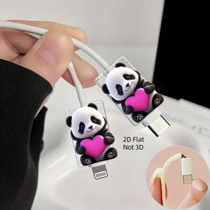 TEMU 2개 세트 귀여운 판다 케이블 보호 케이스 - 핑크 하트 디자인, 아이폰 아이패드 스마트폰 호환, 사랑스러운 판다 듀오 디자인 (블랙 & 화이트), 2D 플랫 충전기 및 라이트닝 코드 커버