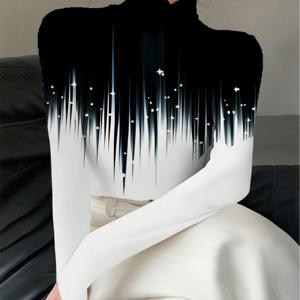 TEMU 여성용 우아한 한국 스타일 한복 롱슬리브 튜닉 탑 - 슬림핏 H라인 실루엣, 화이트 & 블랙 수직 또는 불투명 롱슬리브 블라우스, 한국 웨이브 프린트, 세탁기 사용 가능 봄/가을 캐주얼 & 포멀 웨어, 한국 패션 아웃핏