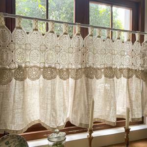 TEMU 세련된 소형 창문용 세미 쇼트 커튼. 러스틱 디자인, 탭 탑 및 원형 패턴이 특징이며, 카페, 욕실용 쉬어 발란스, 또는 룸 디바이더로 완벽하며 모든 계절에 적합합니다.