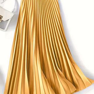 TEMU 여성용 우아한 골드 포멀 & 캐주얼 맥시 스커트 - 플로이 A라인 파티, 오피스, 데일리 스커트 - 봄/가을/여름에 잘 어울리는 핏 - 벨트 불필요 - 럭셔리한 우아한 하의, 오피스룩, 플리츠 디자인, 고품질 소재