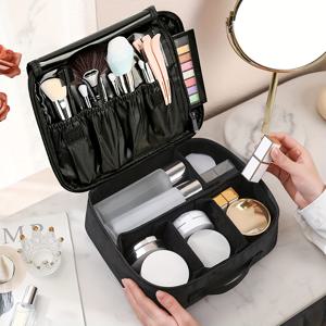 TEMU 대용량 멀티기능 여행용 화장품 & 세면도구 정리 케이스 - 다중 수납공간 & 골드톤 하드웨어, 내구성 강한 메이크업 박스 (블랙 외관 & 골드톤 하드웨어), 넉넉한 내부 공간 (여성/남성용, 메이크업 브러쉬, , 주얼리 보관) - 스타일리시한 디자인 (다양한 색상 옵션) - 비행기, 기차, 자동차 여행에 이상적 - 뷰티 애호가를 위한 정리 케이스